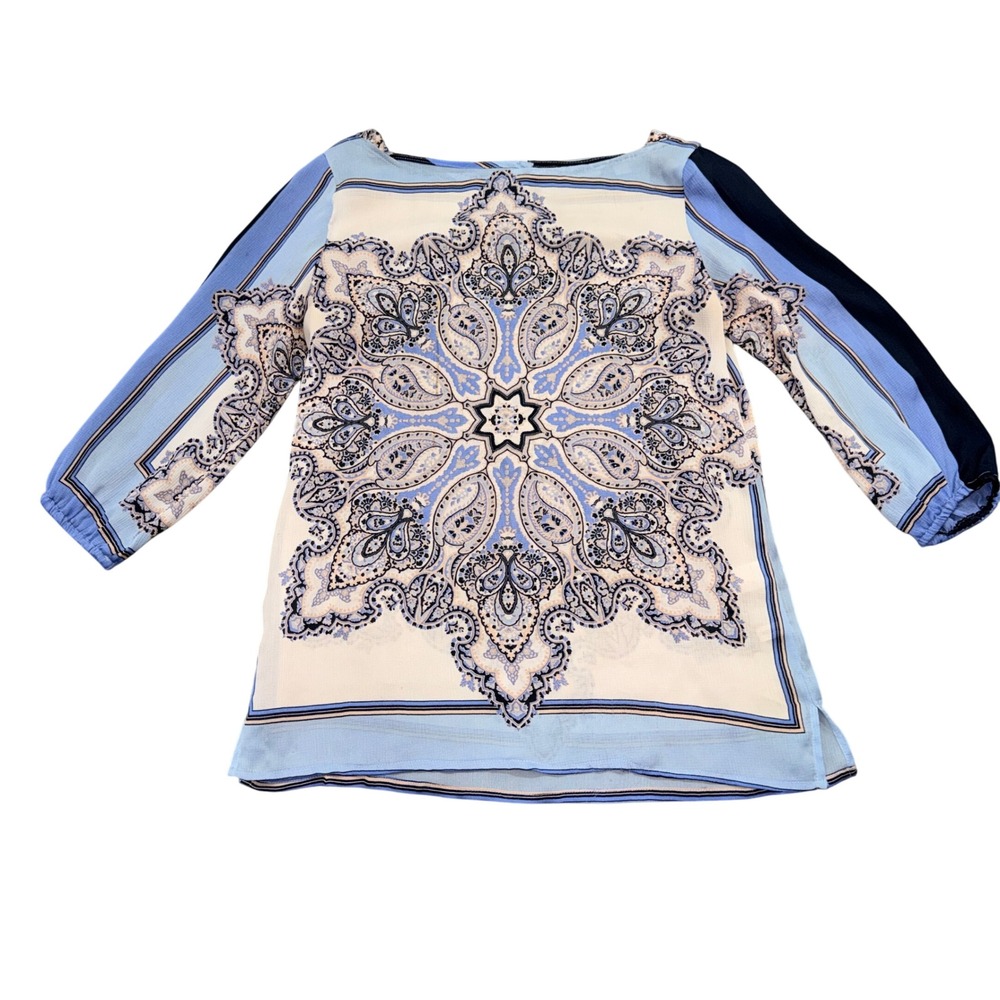 New York &‎ Company XS Blue Paisley Medallion Blouse 3/4 Sleeve Boat Neck Top